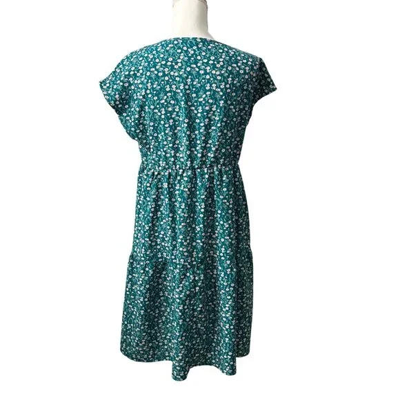 Emery Rose Teal Green Cottagecore Floral Midi Bohemian Dress W/ Short Sleeves M - Picture 3 of 9
